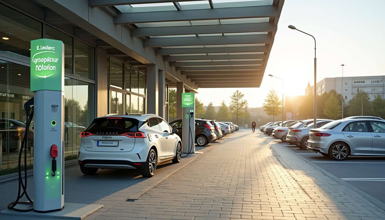 Borne de recharge électrique E.Leclerc située dans la zone d'activité de Verlieu à Chavanay