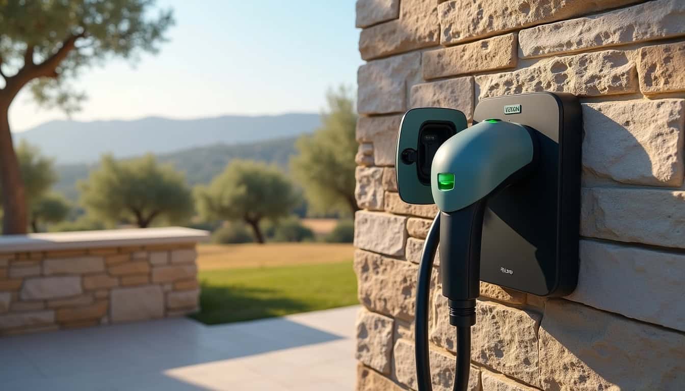 Borne de recharge électrique Eaton installée sur un mur extérieur à Lucciana, modèle Green Motion Home