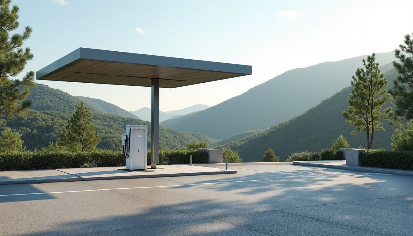 Borne de recharge électrique en extérieur, située près d'un centre commercial à Penta-di-Casinca