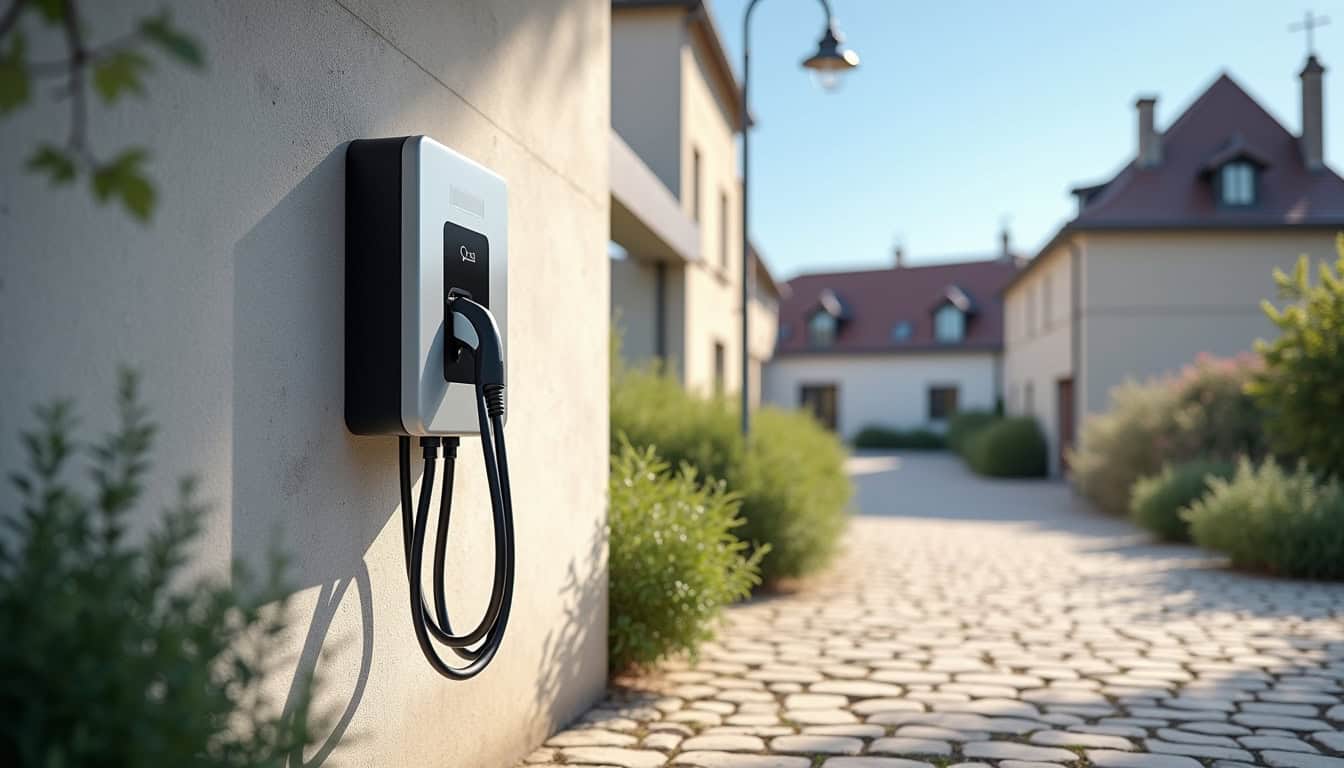 Borne de recharge électrique en extérieur sous la lumière du jour à La Ferté-en-Ouche