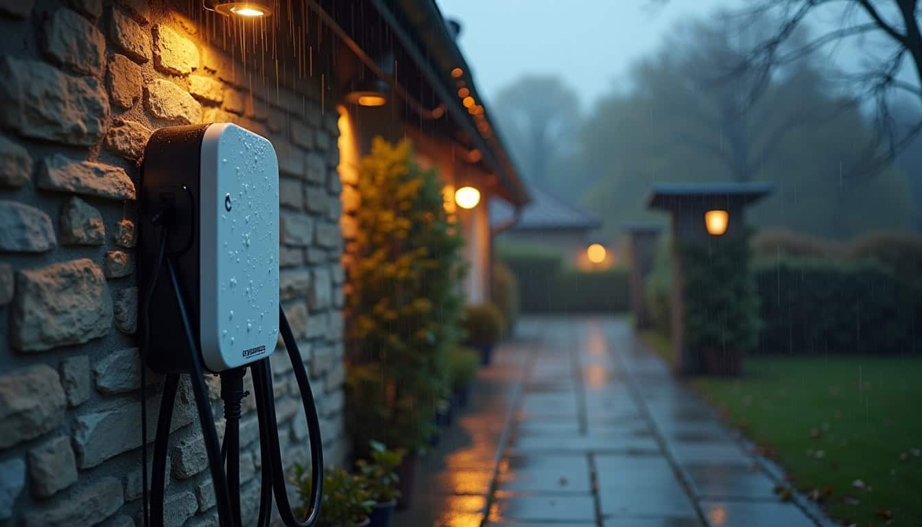 Borne de recharge électrique en extérieur sous la pluie à Thiverval-Grignon