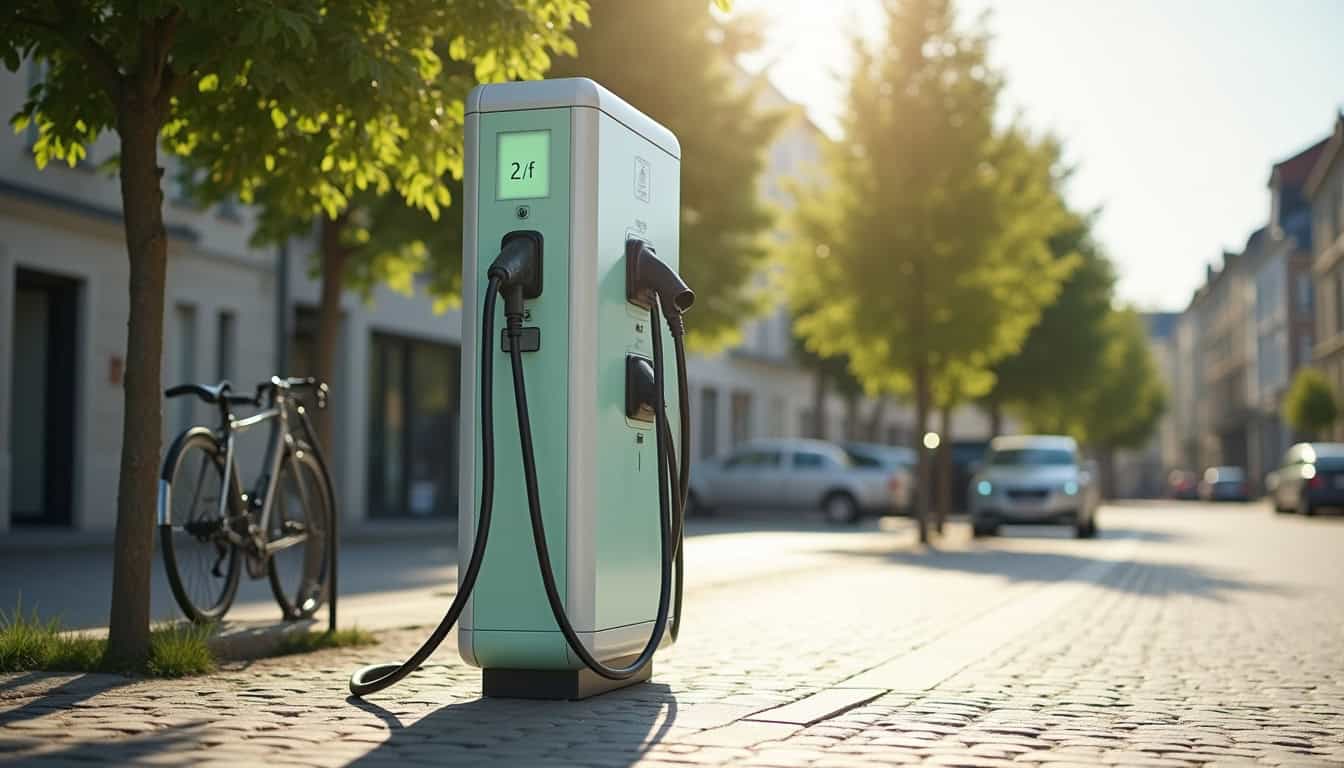 Borne de recharge électrique en extérieur sur la Place de la République à Fleury-sur-Andelle, équipée de connecteurs type 2 et E/F