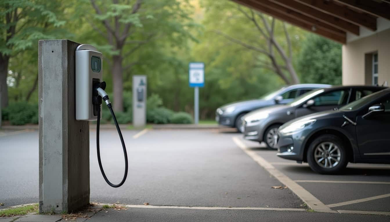Borne de recharge électrique en extérieur sur un parking communal à Saint-Jean-de-Liversay