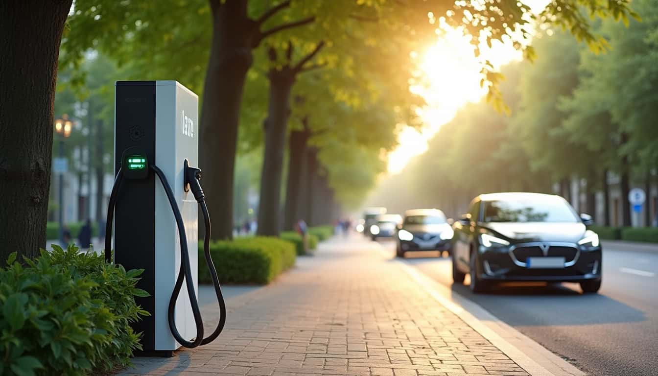 Borne de recharge électrique en fonctionnement en plein jour à La Redorte, installée le long d'une rue calme bordée d'arbres