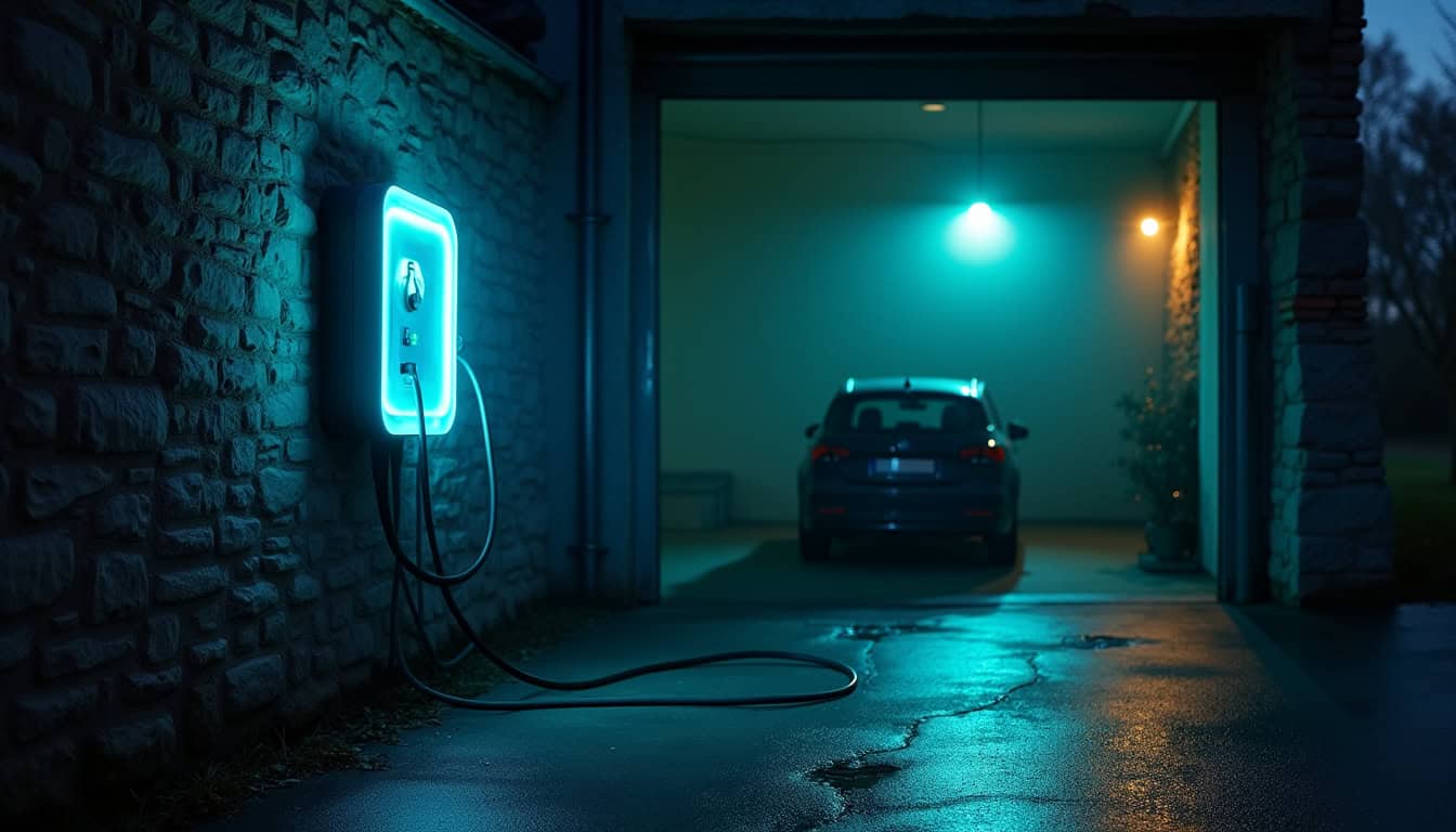 Borne de recharge électrique en fonctionnement la nuit dans un garage à Rauville-la-Bigot