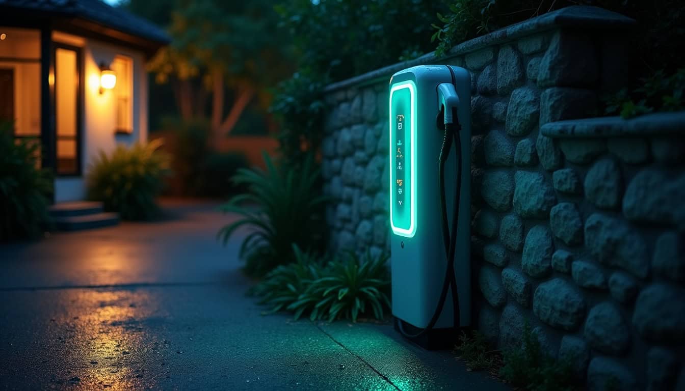 Borne de recharge électrique en fonctionnement la nuit, montrant les voyants lumineux allumés