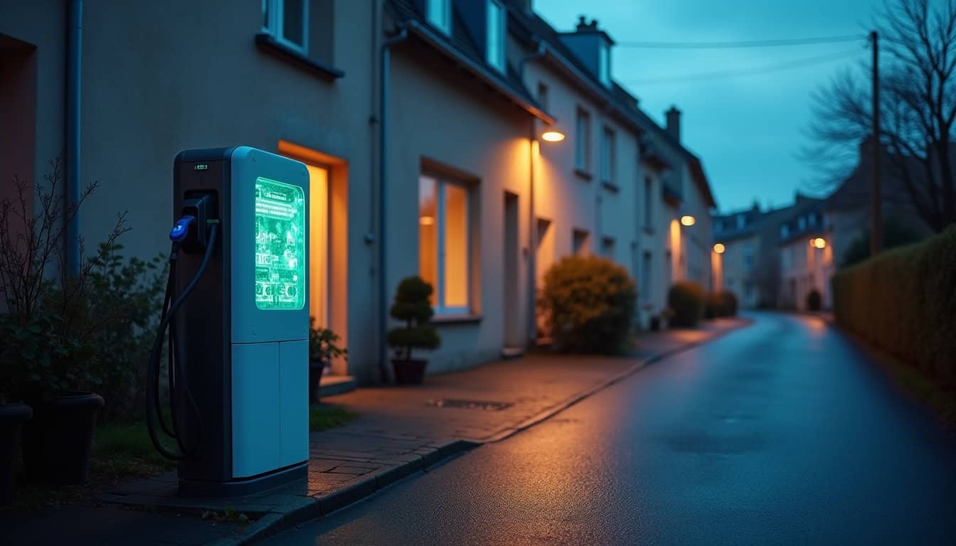 Borne de recharge électrique en fonctionnement le soir à La Guerche-de-Bretagne, éclairée