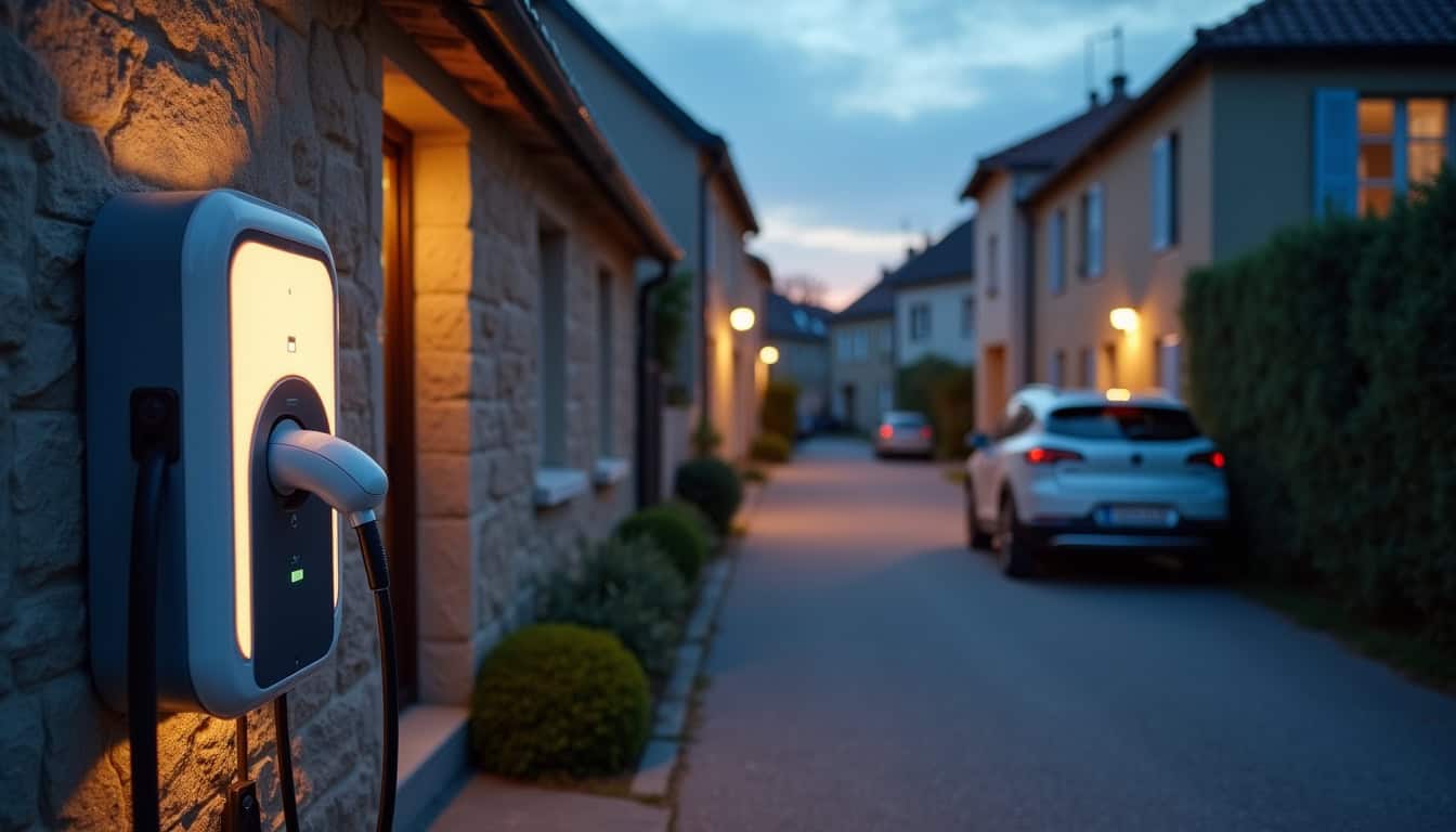 Borne de recharge électrique en fonctionnement le soir dans une rue résidentielle de Lacroix-Falgarde