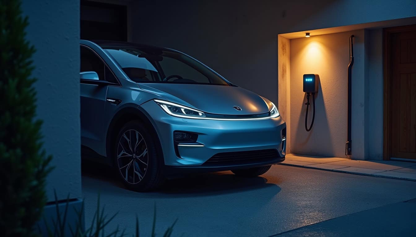 Borne de recharge électrique en fonctionnement pendant la nuit dans un garage privé à Krautergersheim
