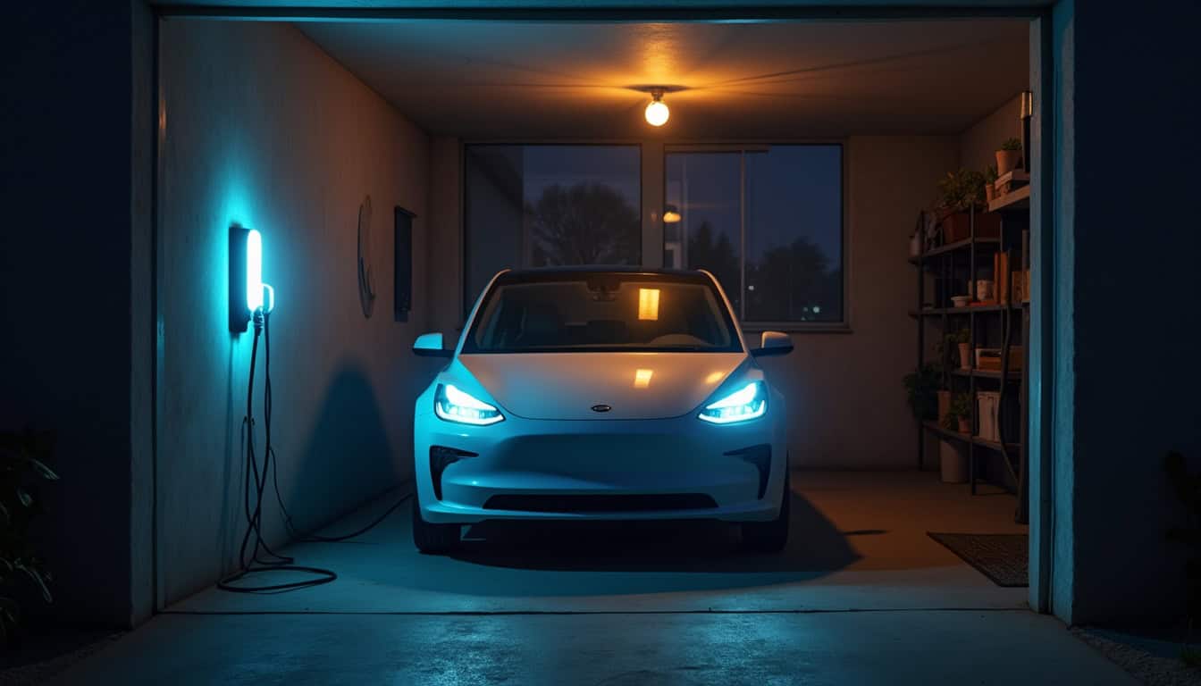 Borne de recharge électrique en fonctionnement pendant la nuit dans un garage privé à Noyelles-lès-Vermelles
