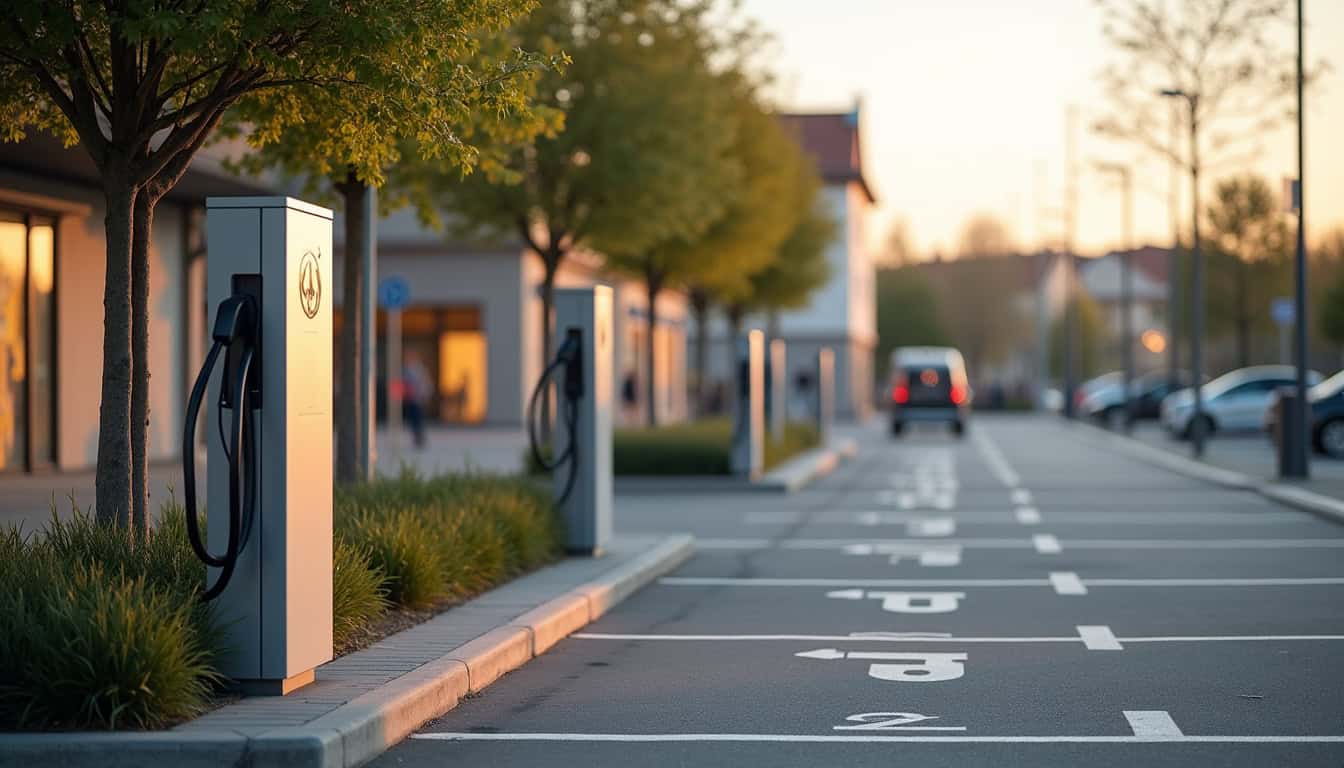Borne de recharge électrique en milieu urbain à Allonnes, située sur un parking public proche d'une zone commerciale