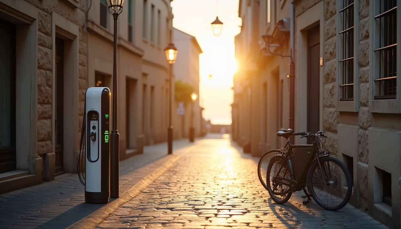 Borne de recharge électrique en milieu urbain à Ault, vue de rue