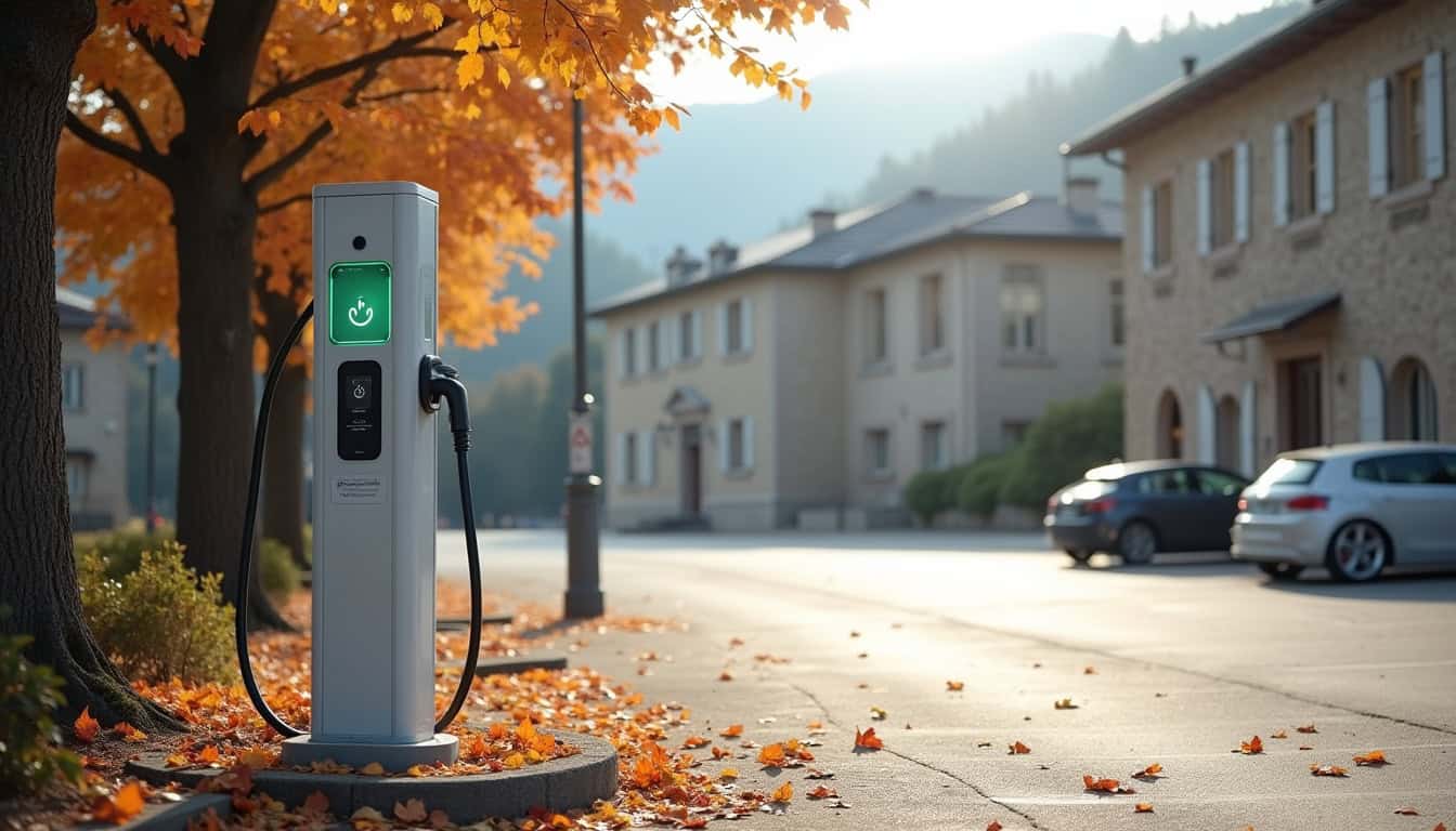Borne de recharge électrique en milieu urbain à Lacaune, installée sur un parking public