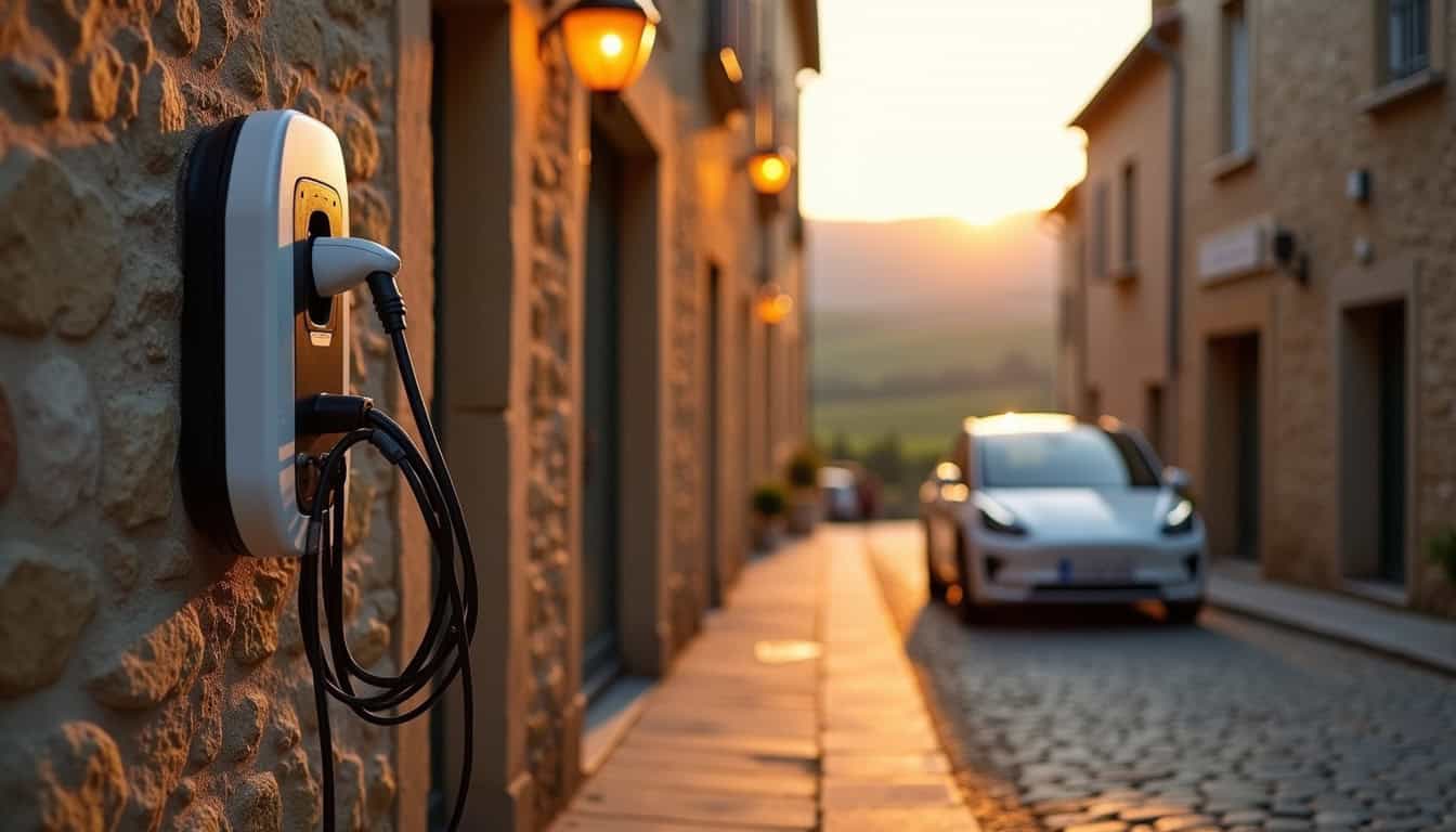 Borne de recharge électrique en milieu urbain à Lautrec, installée le long d