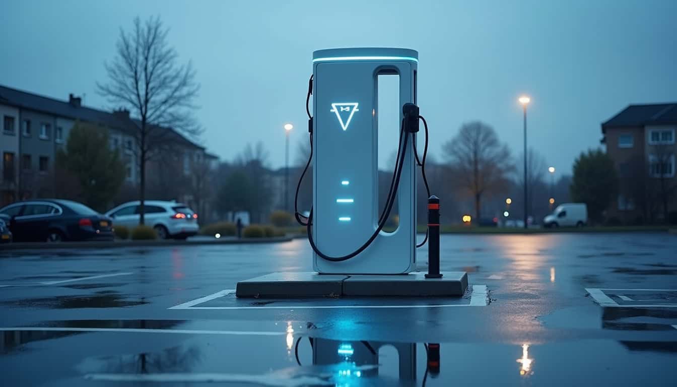 Borne de recharge électrique en parking public à Saint-Martin-la-Plaine