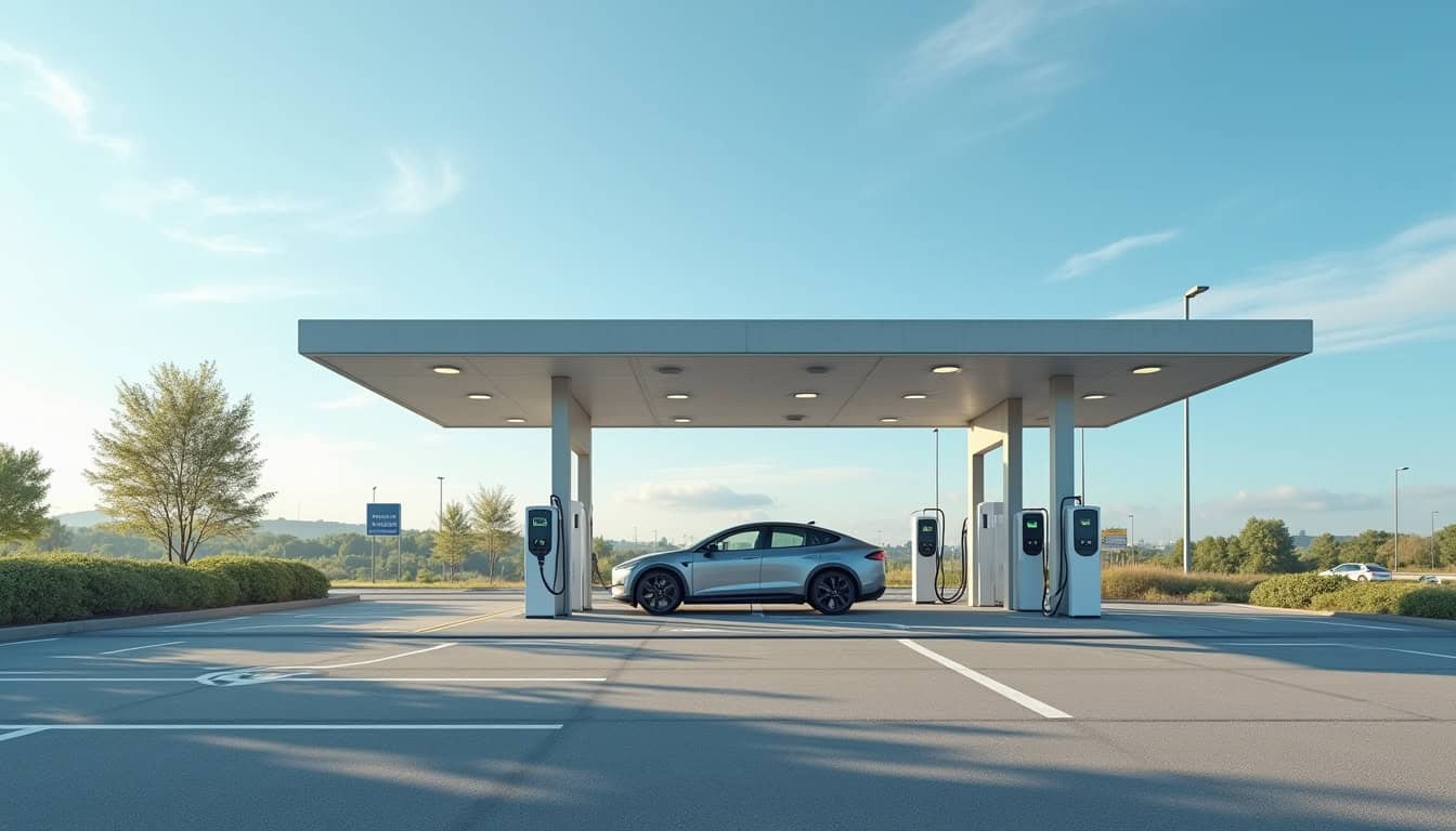 Borne de recharge électrique en station-service sur une aire d'autoroute, vue de jour