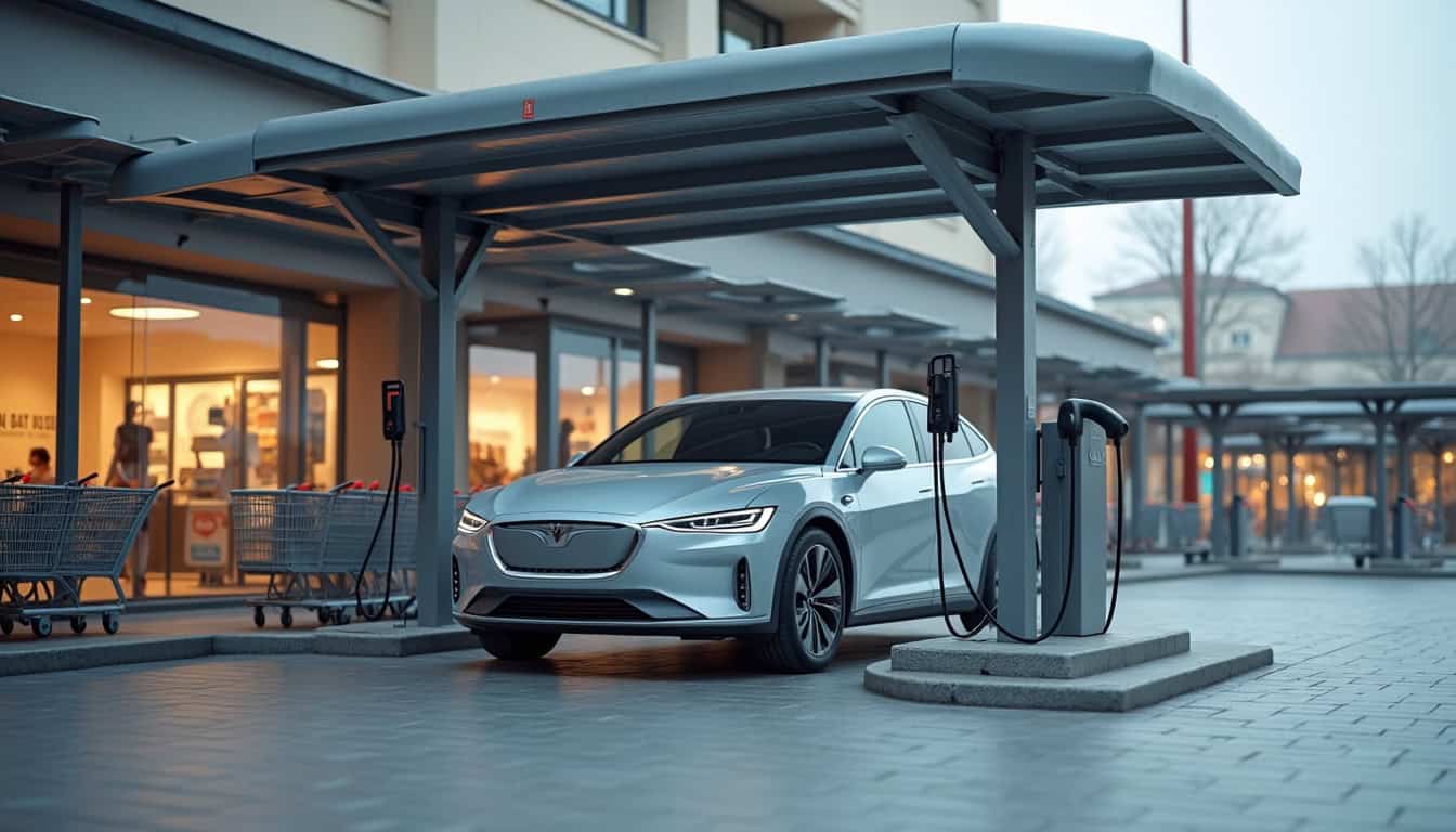 Borne de recharge électrique en zone commerciale à Cérences, près d