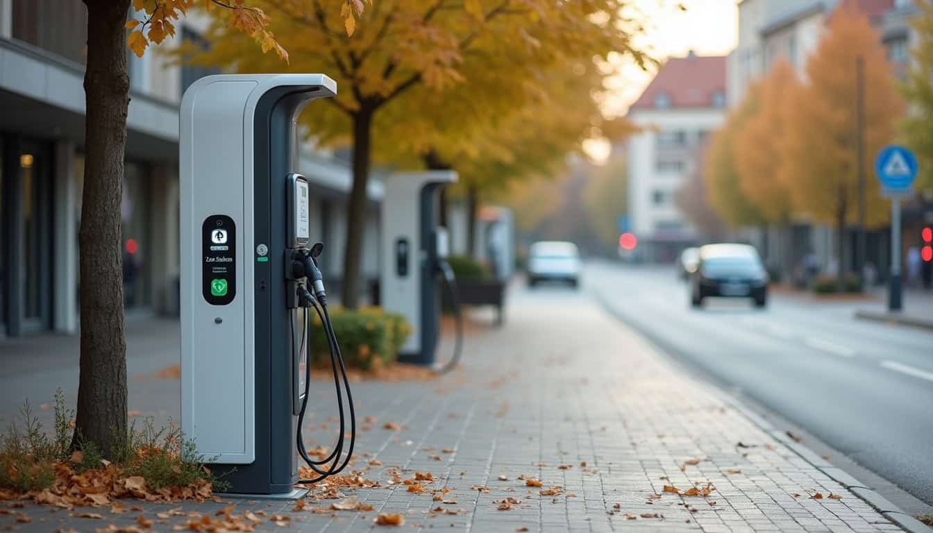 Borne de recharge électrique en zone publique à Alizay, située sur la zone des Sablons