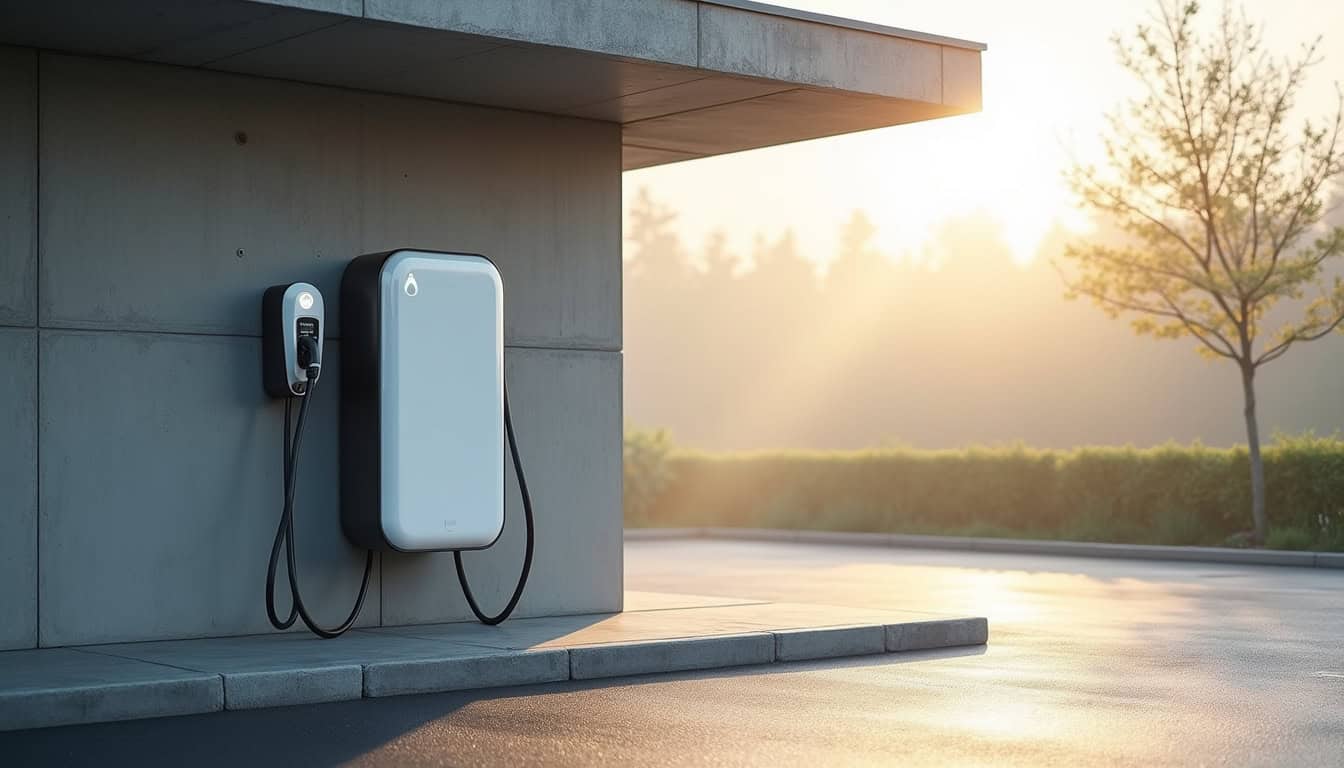 Borne de recharge électrique extérieure installée dans un parking à Sauve, protégée contre les intempéries