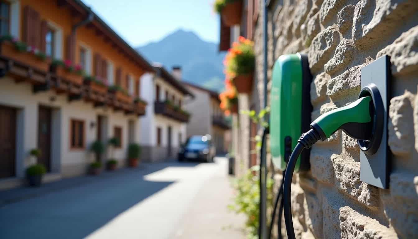 Borne de recharge électrique fonctionnelle en plein jour à Saint-Thibaud-de-couz, installée près d
