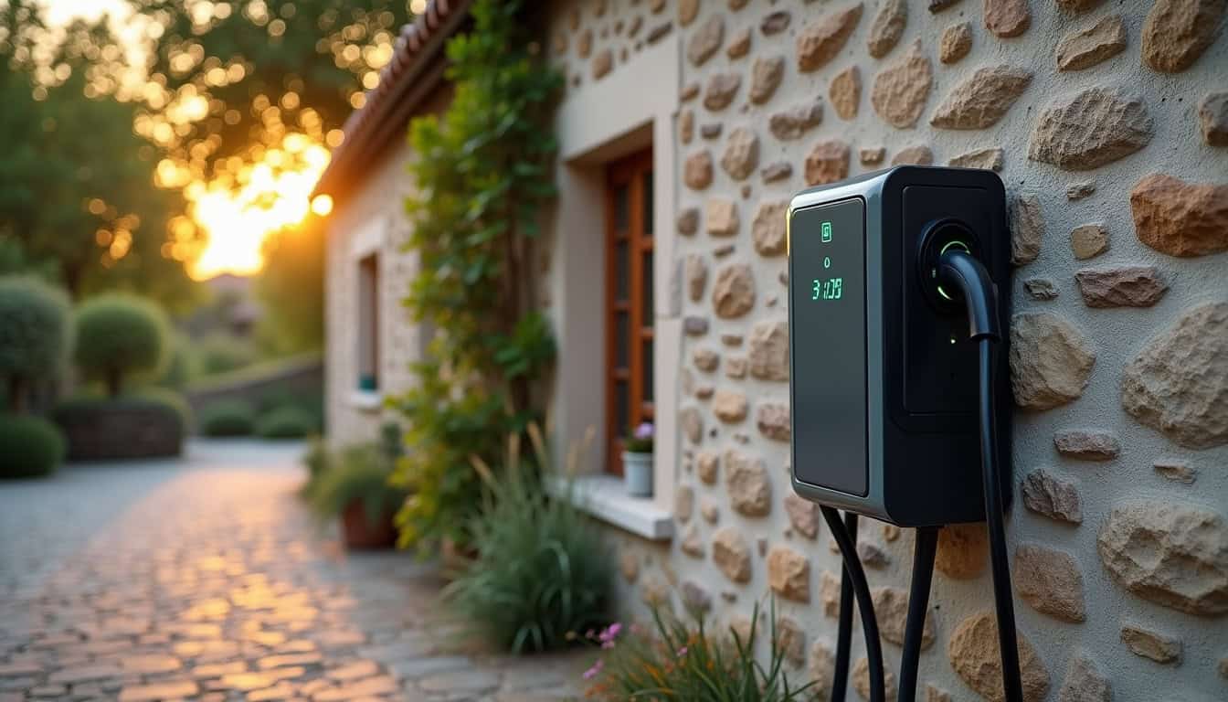 Borne de recharge électrique installée à Chapareillan, en extérieur contre un mur de maison