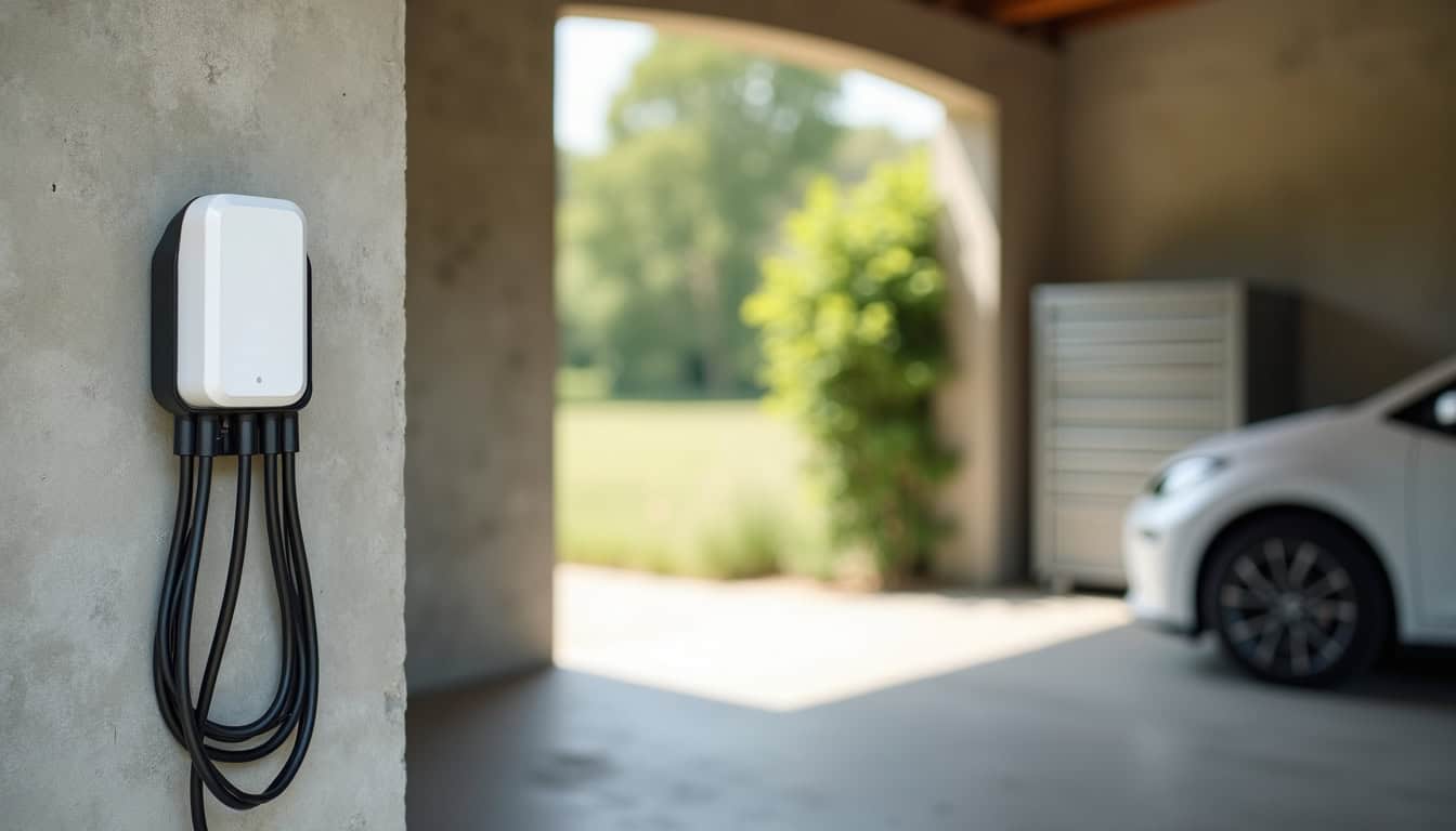 Borne de recharge électrique installée à domicile dans un garage à Lalbenque