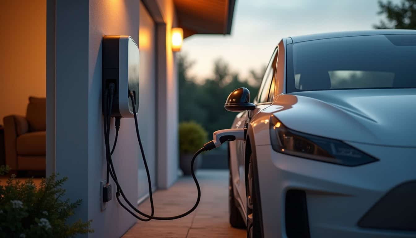 Borne de recharge électrique installée à Freistroff, en bordure de garage, avec un câble branché sur un véhicule électrique