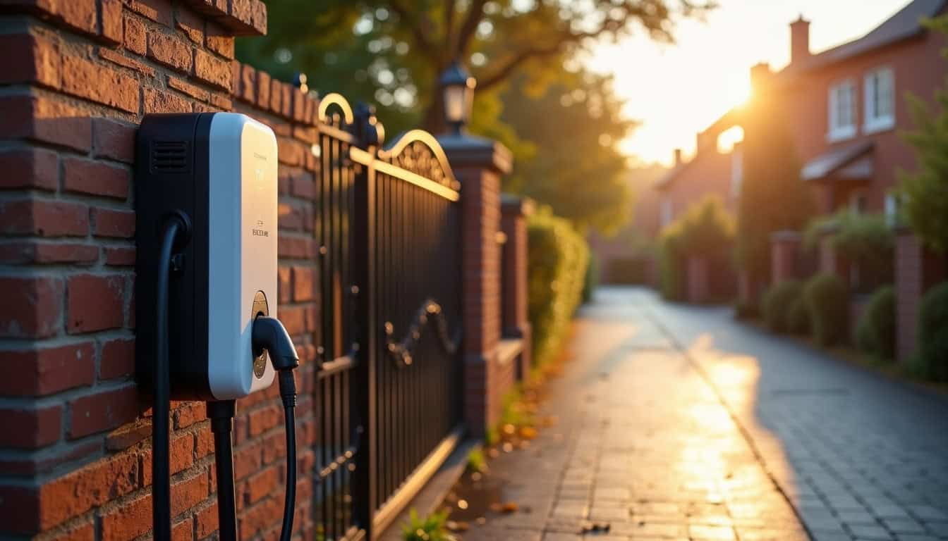 Borne de recharge électrique installée à l'entrée d'une propriété à Marconne, en milieu urbain