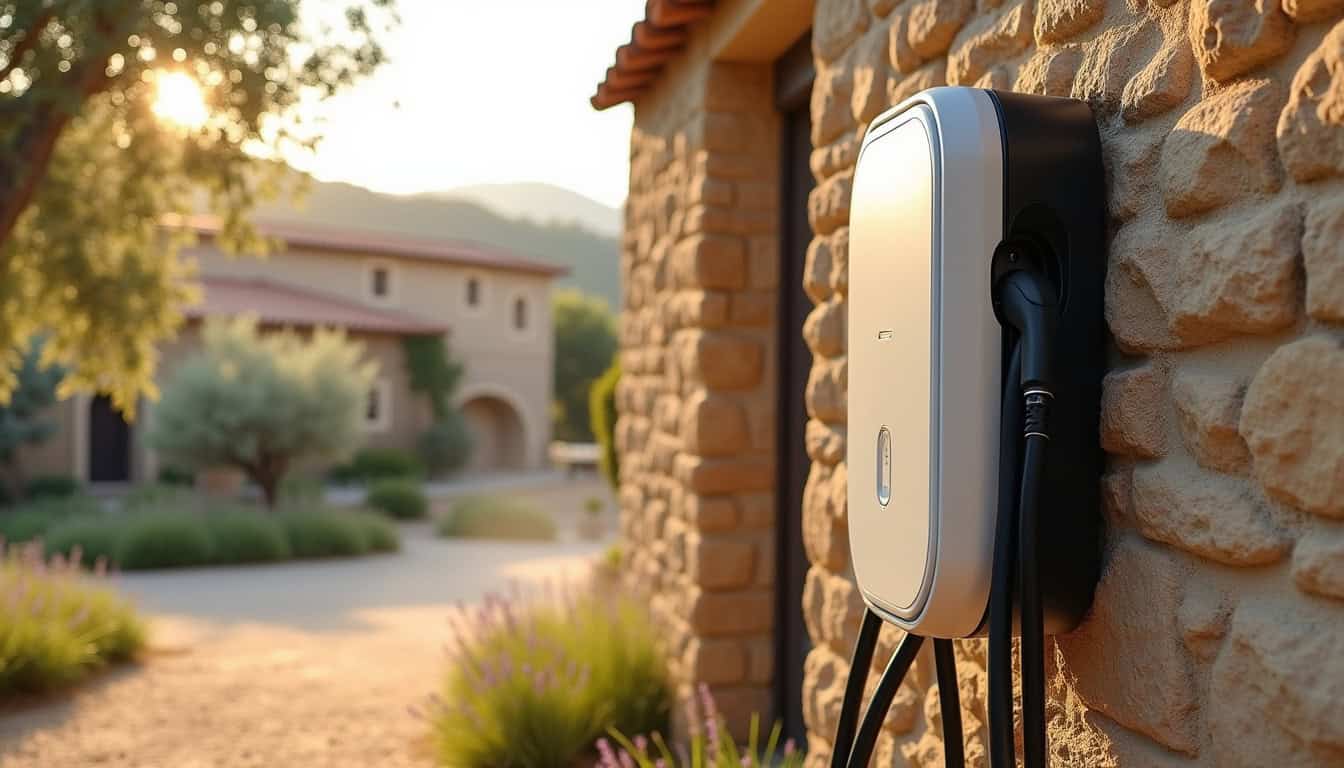 Borne de recharge électrique installée à l'extérieur d'un garage dans une commune rurale du Gard
