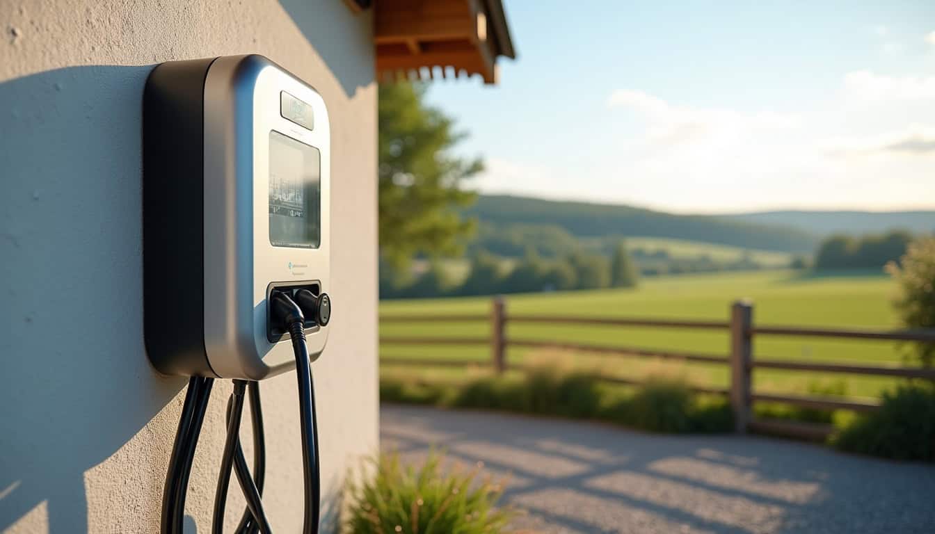 Borne de recharge électrique installée à l'extérieur d'une habitation à Champanges dans un cadre rural