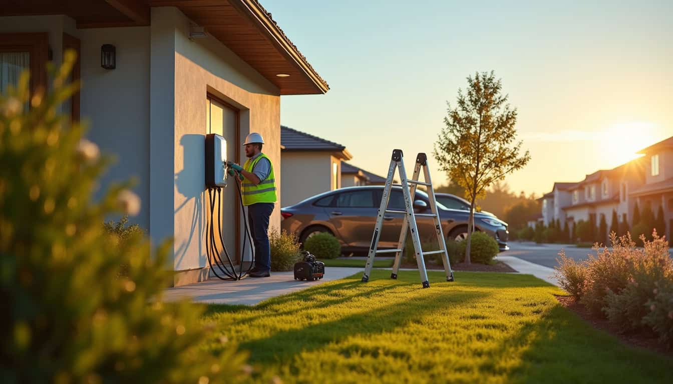 Borne de recharge électrique installée à l'extérieur d'une habitation, en cours de raccordement par un professionnel