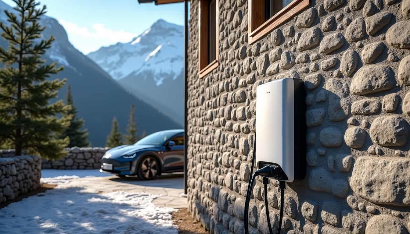 Borne de recharge électrique installée à l'extérieur d'une maison à Aiglun, dans un cadre rural de montagne