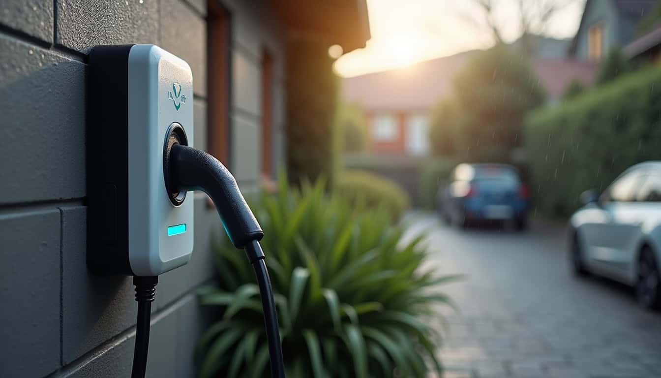 Borne de recharge électrique installée à l'extérieur d'une maison à Artemare, en cours d'utilisation