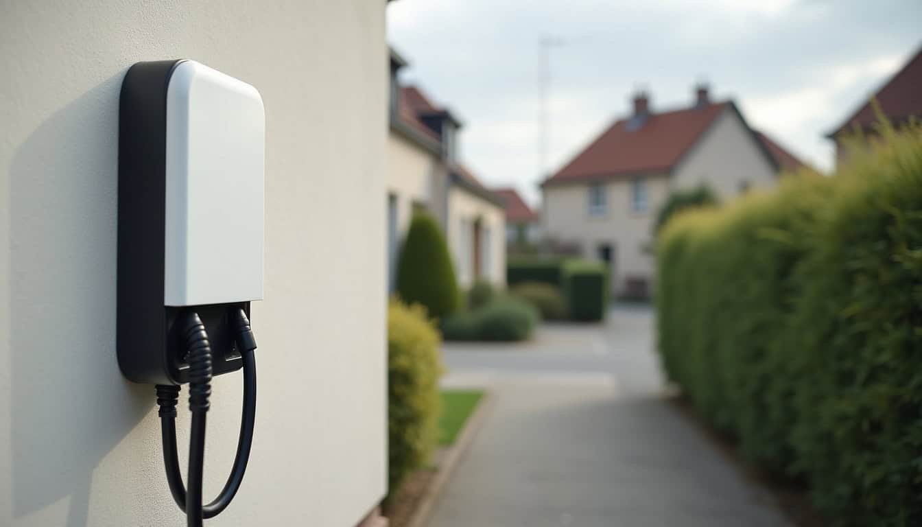 Borne de recharge électrique installée à l'extérieur d'une maison à Haverskerque