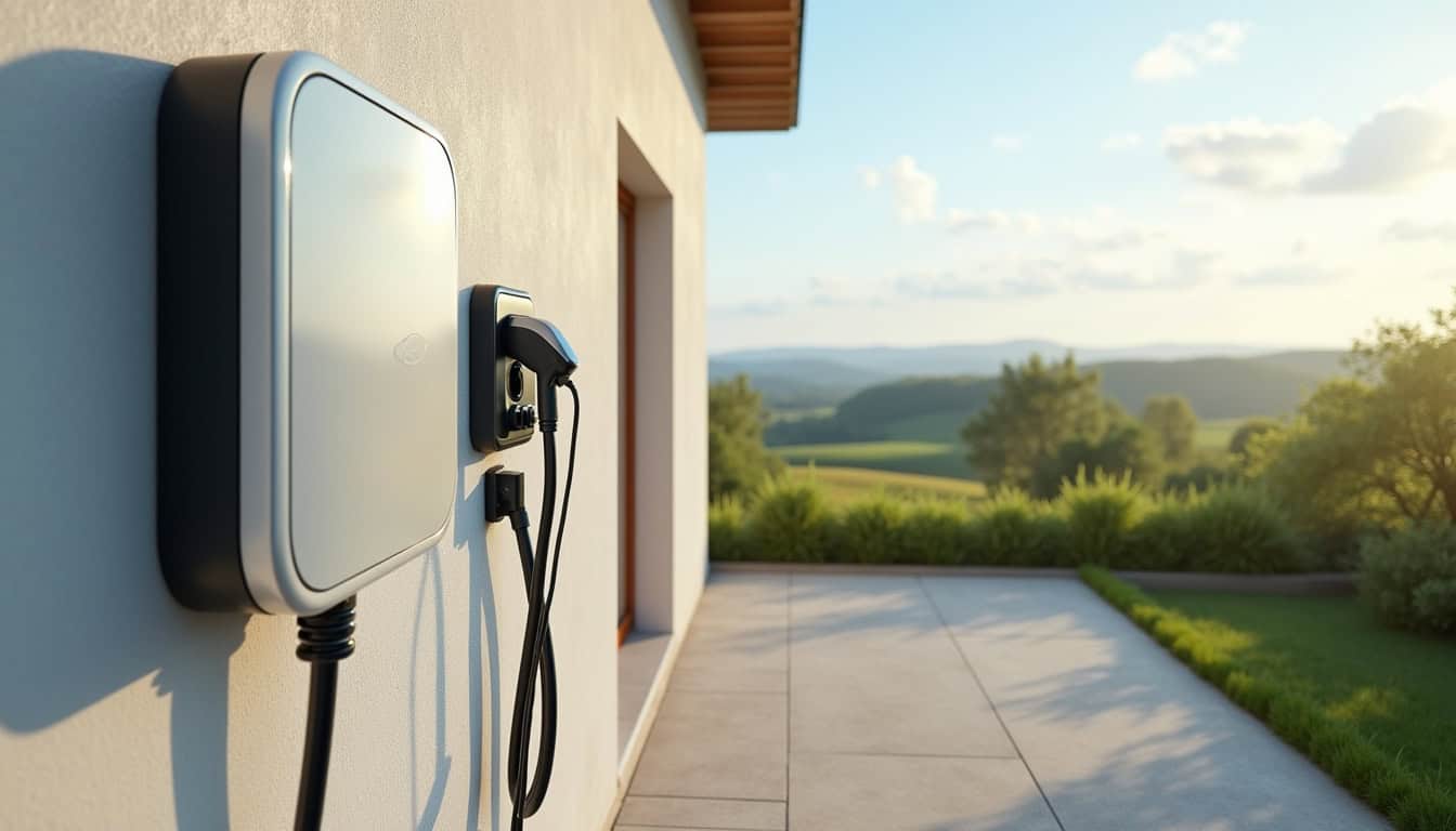 Borne de recharge électrique installée à l'extérieur d'une maison à Louvigné-du-Désert en journée