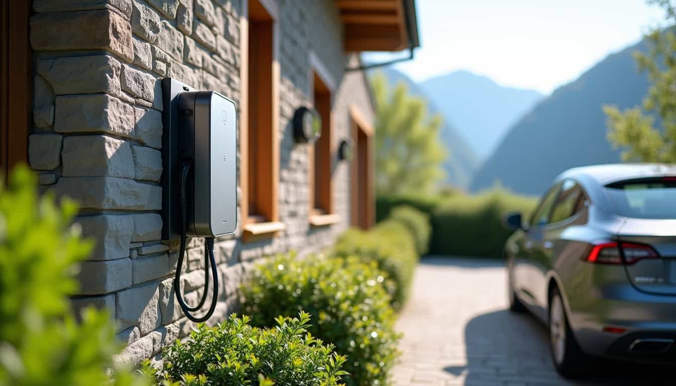 Borne de recharge électrique installée à l'extérieur d'une maison à Marcellaz-Albanais