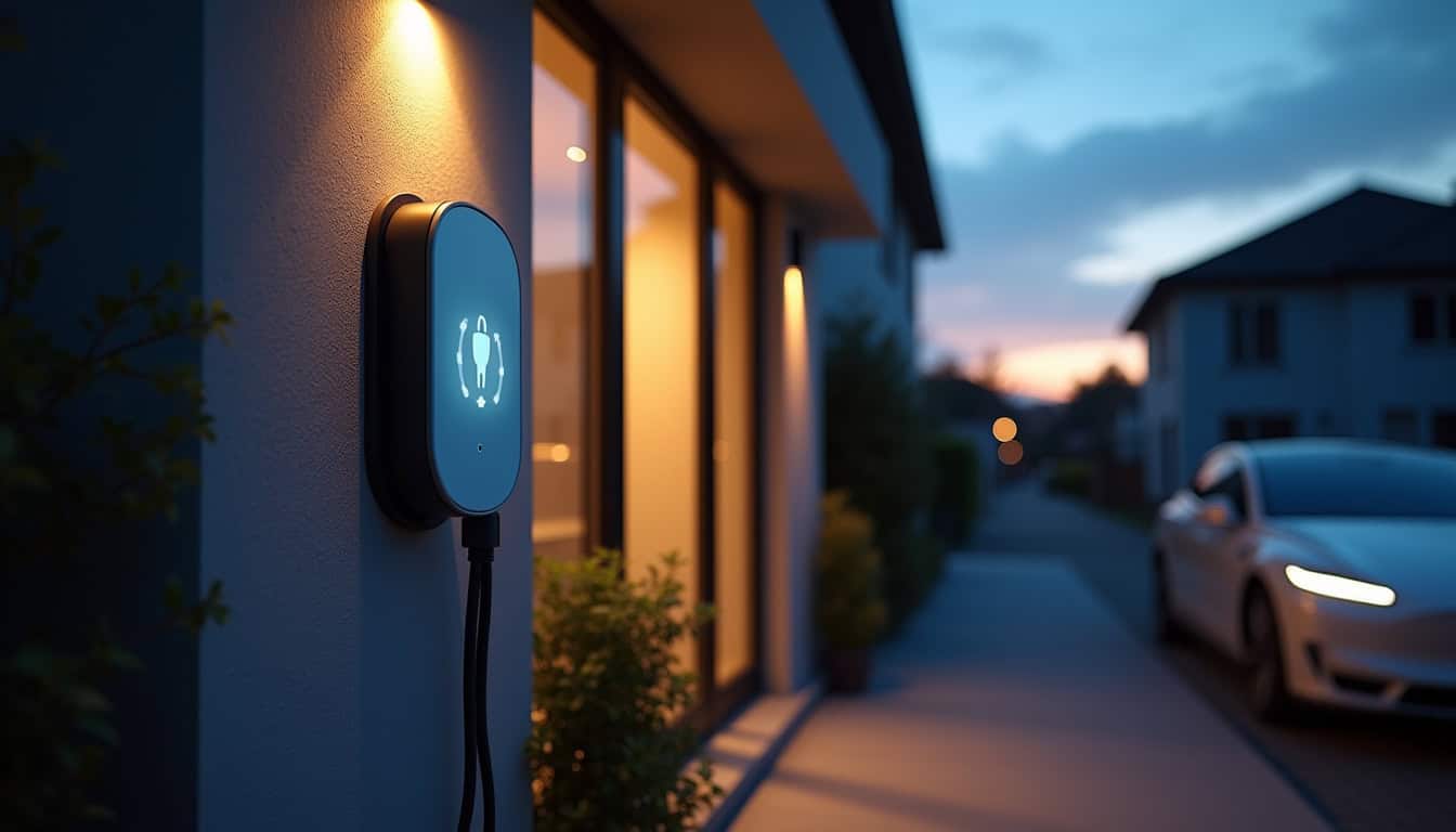 Borne de recharge électrique installée à l'extérieur d'une maison à Marconne, en fin de journée