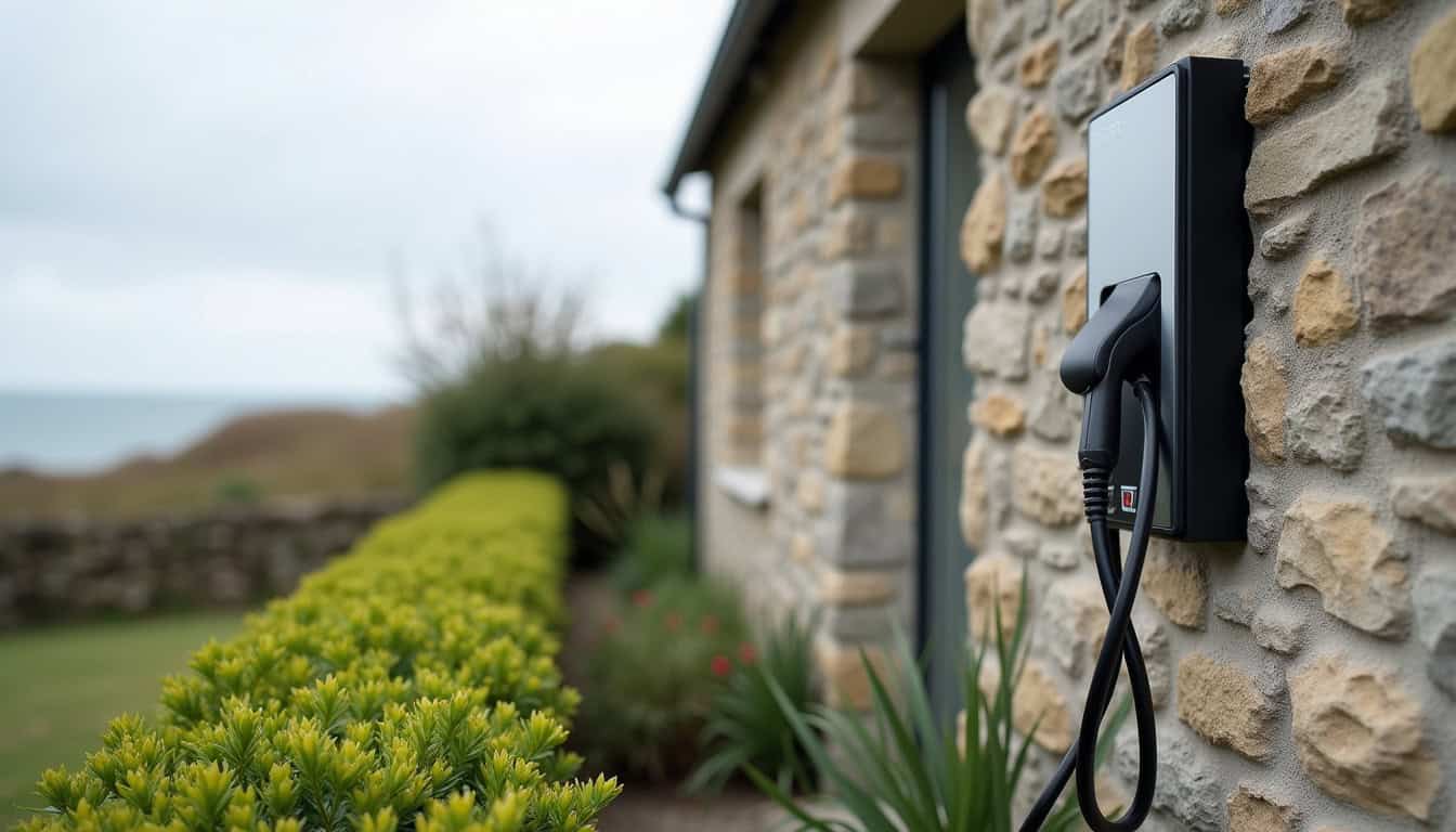 Borne de recharge électrique installée à l'extérieur d'une maison à Ploumilliau