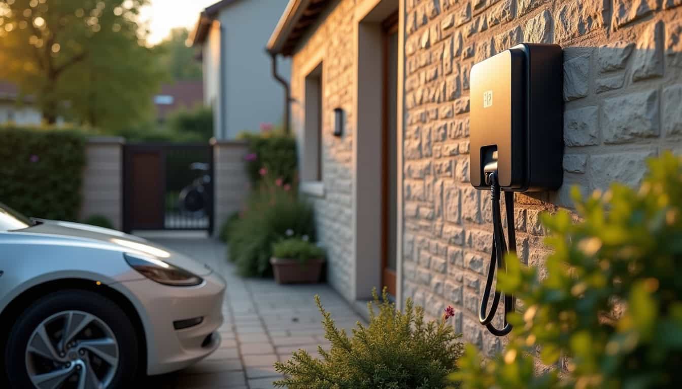 Borne de recharge électrique installée à l'extérieur d'une maison à Prahecq, en milieu résidentiel