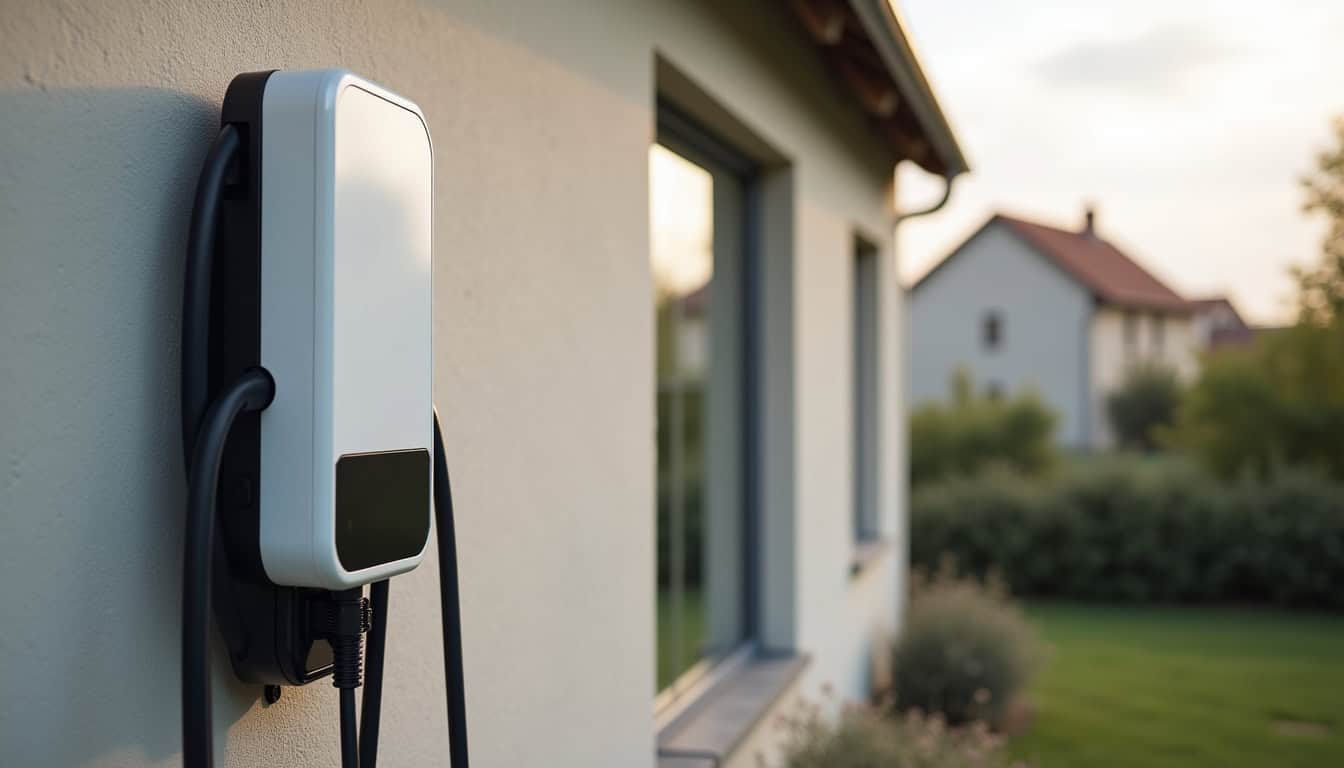 Borne de recharge électrique installée à l'extérieur d'une maison à Saint-Germain-sur-Ille
