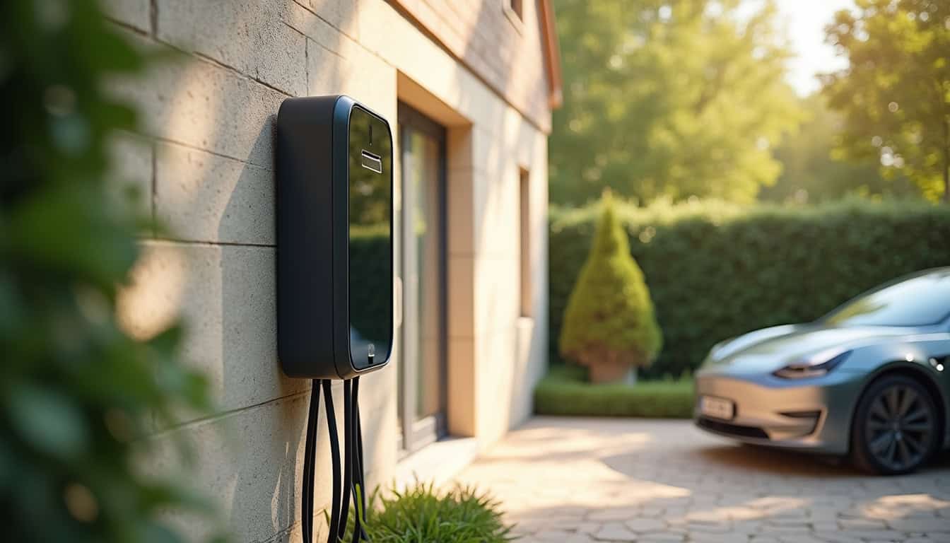 Borne de recharge électrique installée à l'extérieur d'une maison à Saint-Martin-la-Plaine