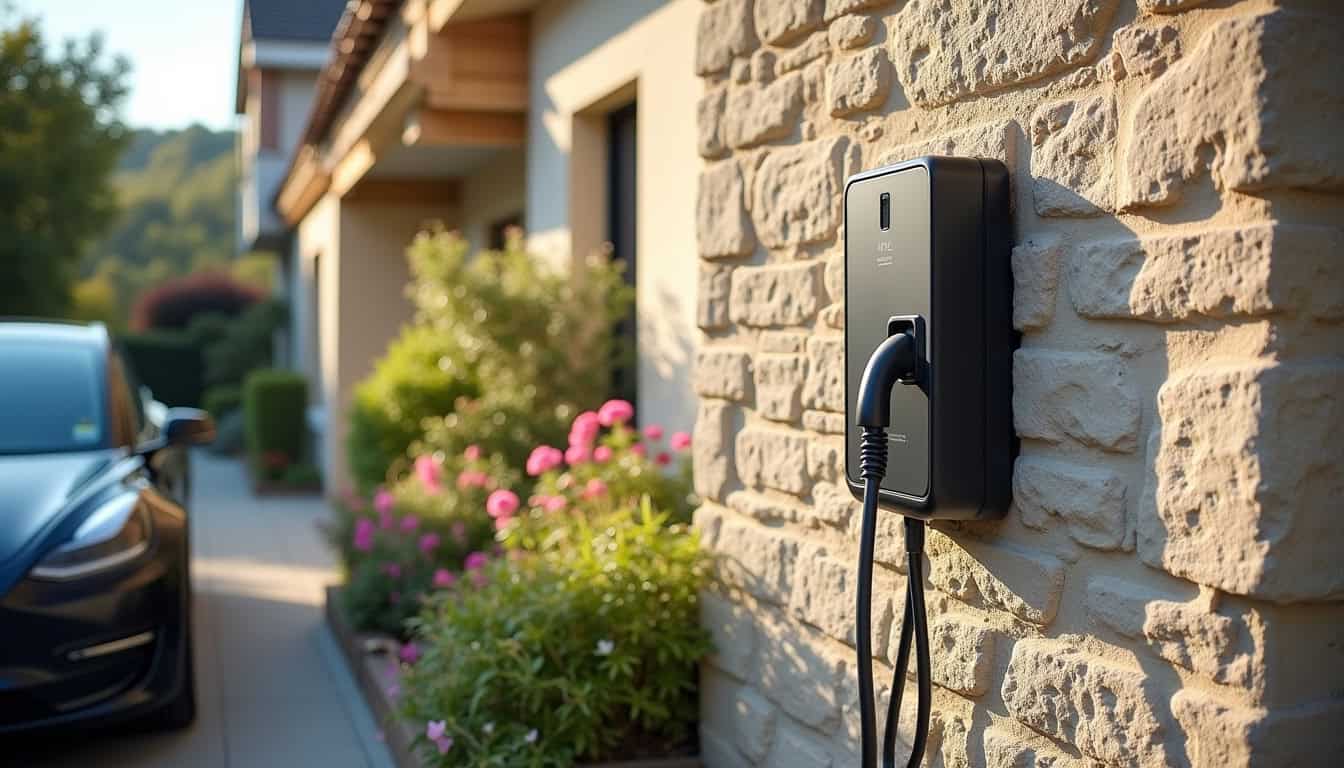 Borne de recharge électrique installée à l'extérieur d'une maison à Triguères, en journée