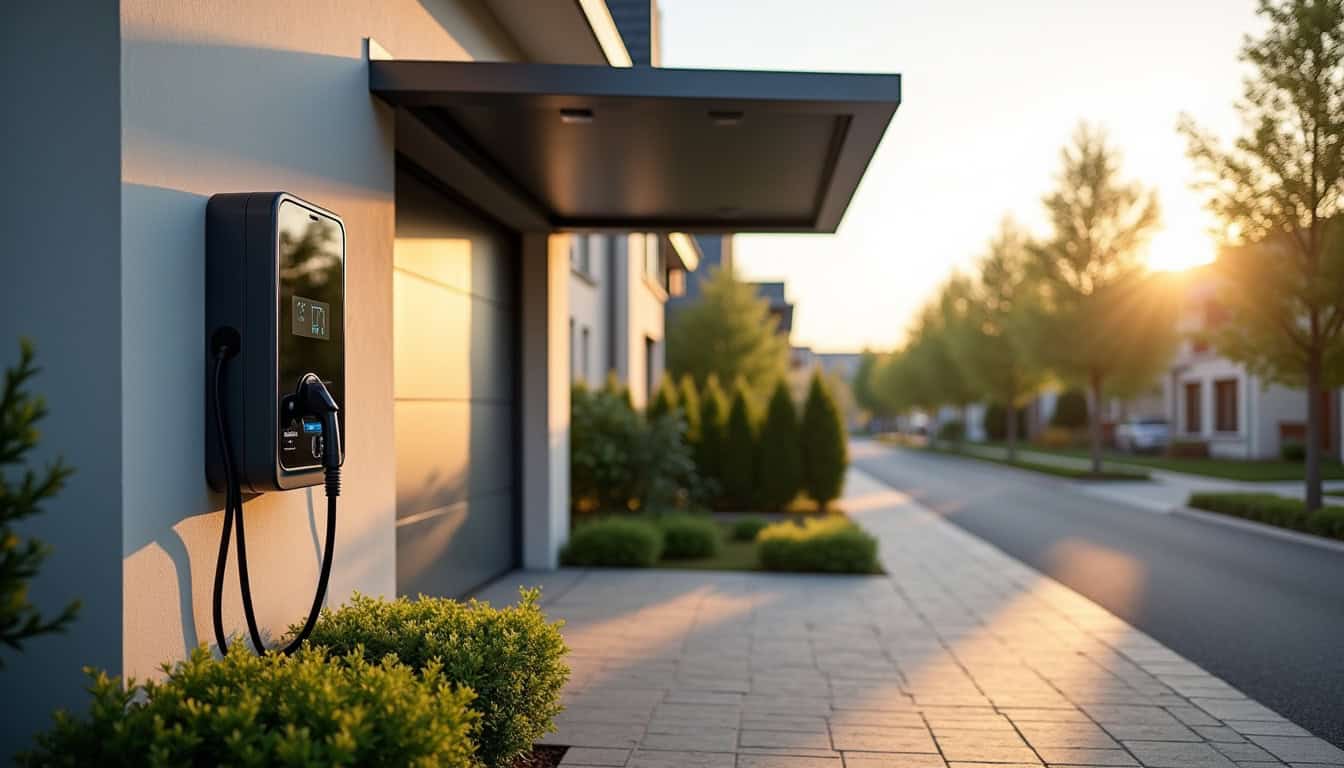Borne de recharge électrique installée à l'extérieur d'une maison à Vivier-au-Court, protégée par un auvent