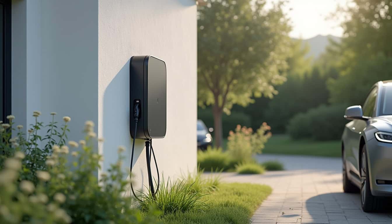 Borne de recharge électrique installée à l'extérieur d'une maison avec jardin à Labastidette