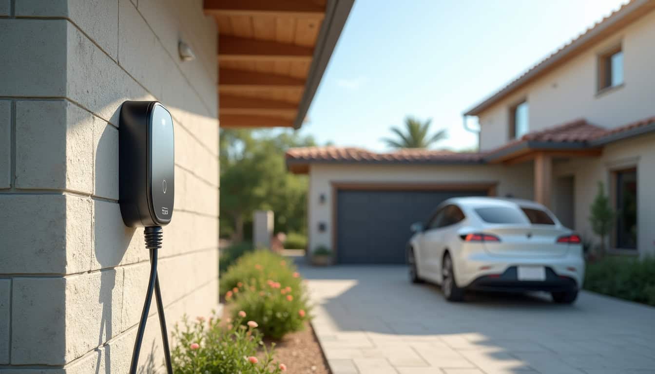Borne de recharge électrique installée à l'extérieur d'une maison en journée, vue réaliste