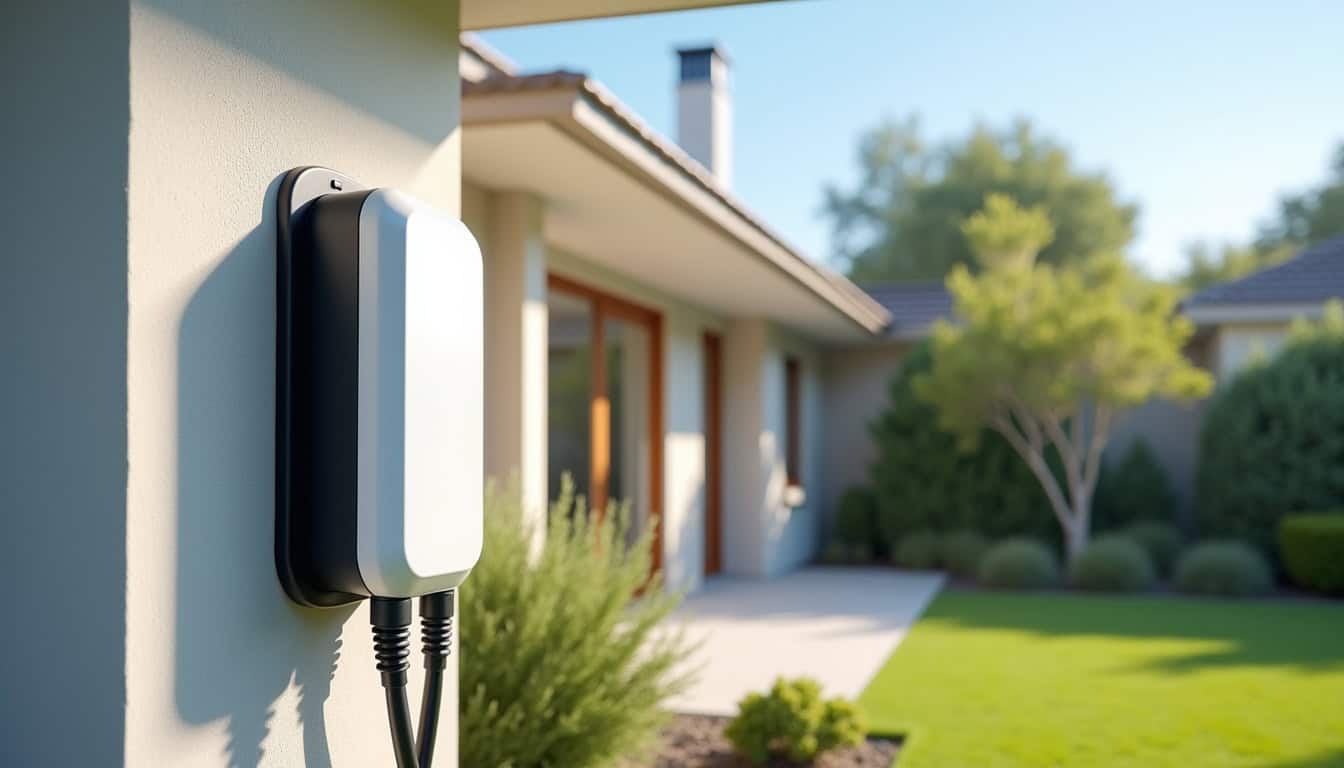 Borne de recharge électrique installée à l'extérieur d'une maison en journée