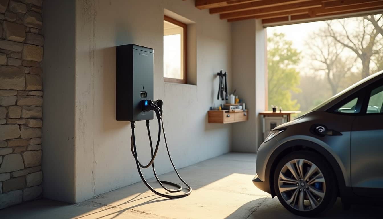 Borne de recharge électrique installée à l'intérieur d'un garage à Saint-Symphorien-de-Lay