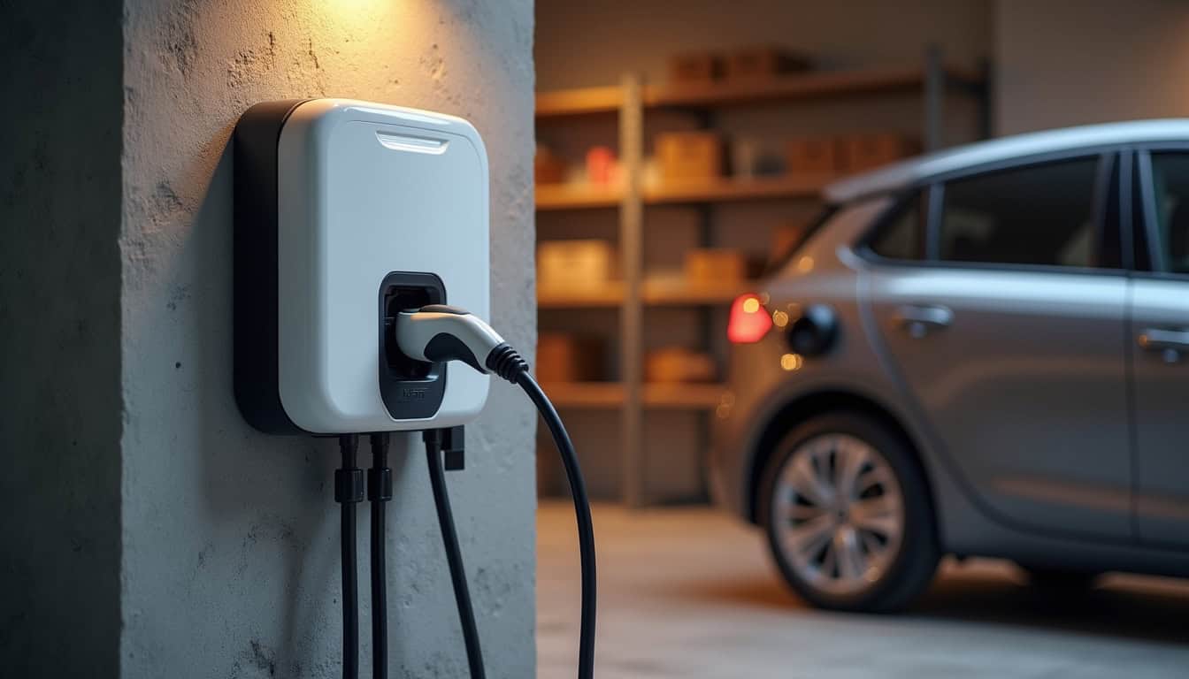 Borne de recharge électrique installée à l'intérieur d'un garage privé à Dracé, avec câble de recharge branché