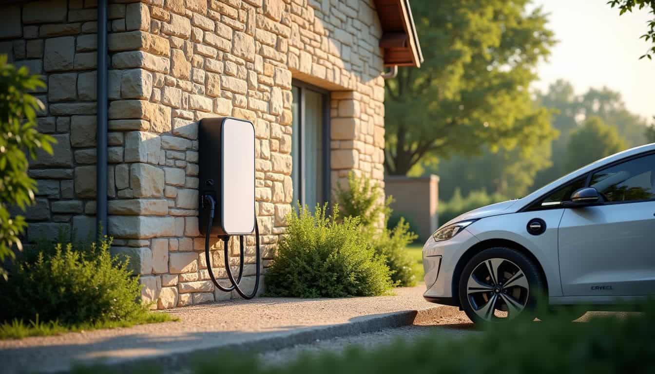Borne de recharge électrique installée à Montcy-Notre-Dame, près d'un véhicule électrique en stationnement