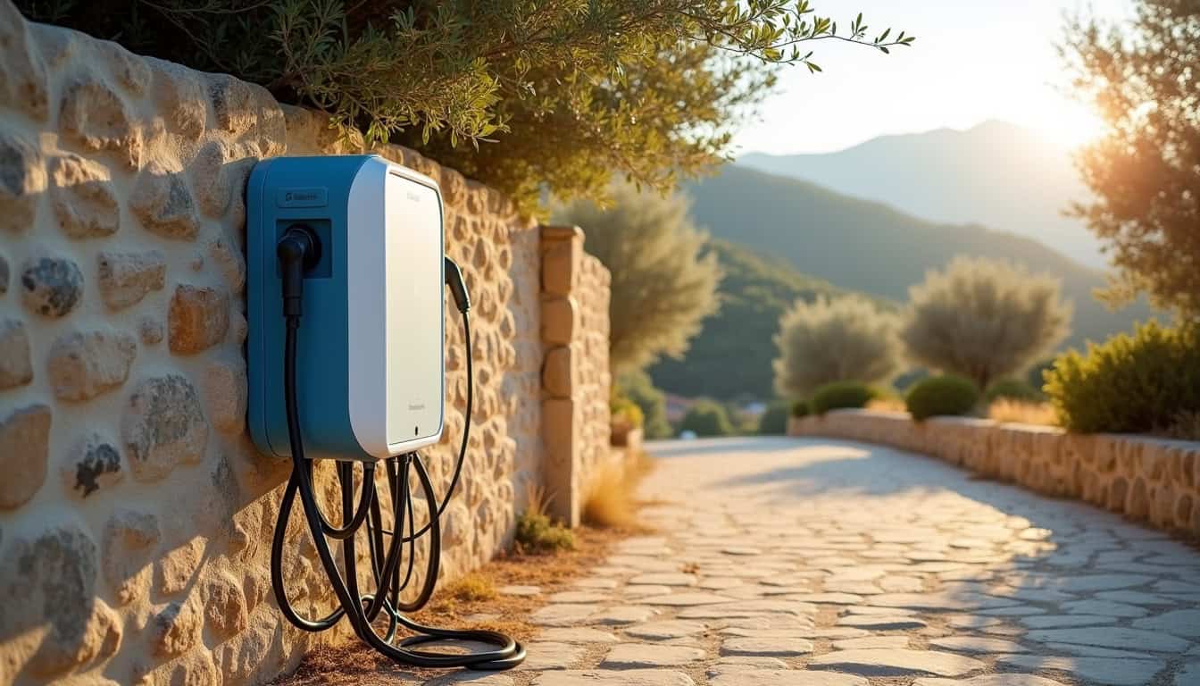 Borne de recharge électrique installée à Olmeto, en milieu rural corse